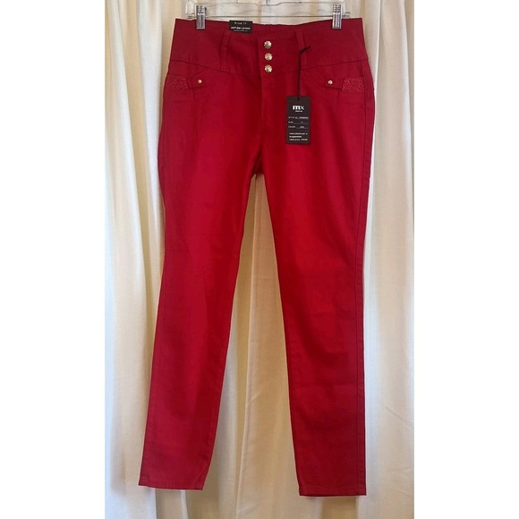 NWT Moda Xpress Red Butt Lifting Jeans-Gold Buttons Lace Up Back Pockets Size 17 - Picture 1 of 12